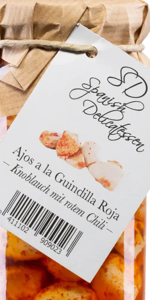 Ajos a la Guindilla Roja Feinkost - Knoblauch in Peperonilake mit rotem Chili, hochwertige spanische Delikatesse.