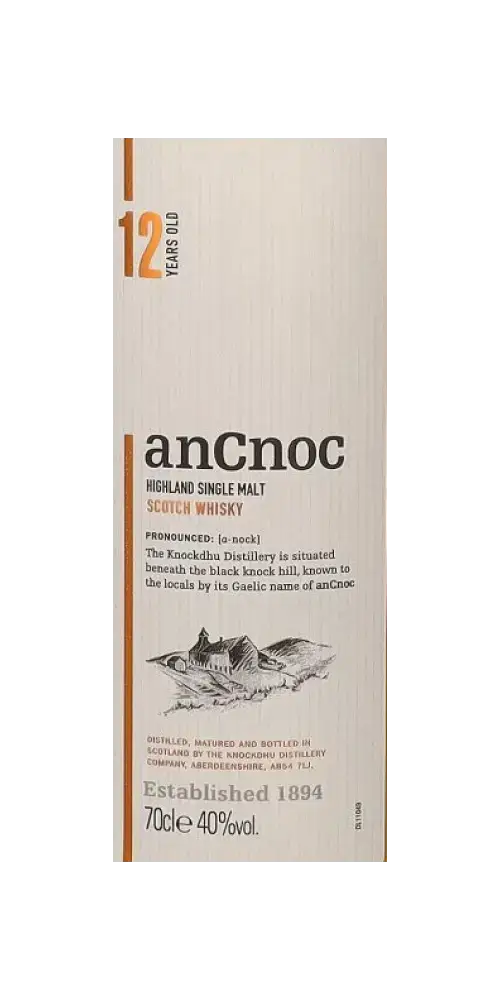 Schottischer Whisky AnCnoc 12 Jahre in der Verpackung, Highland Single Malt mit Honig- und Zitrusaroma, 70cl.