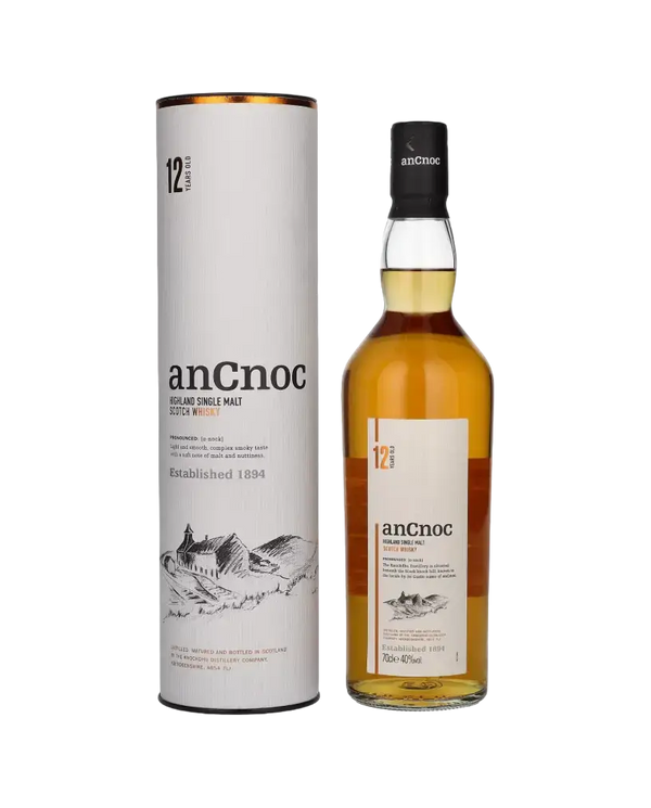 Schottischer Whisky AnCnoc 12 Jahre in der Tube, leichter aromatischer Single Malt mit Honig und Zitrone.