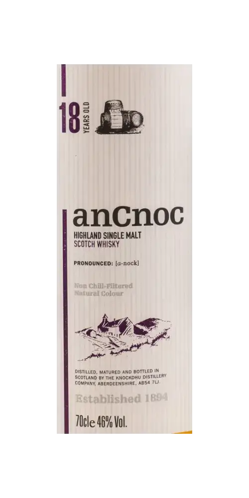 Schottischer Whisky AnCnoc 18 Jahre, Highland Single Malt, in Tube, 70cl, 46% Vol, naturbelassene Farbe.