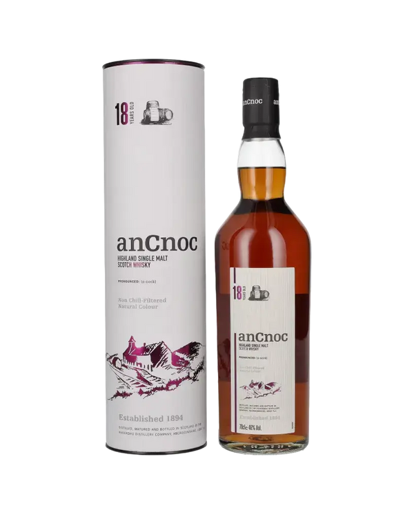 Schottischer Whisky AnCnoc 18 Jahre in Tubenverpackung, gereift in Ex-Sherry und amerikanischer Eiche.