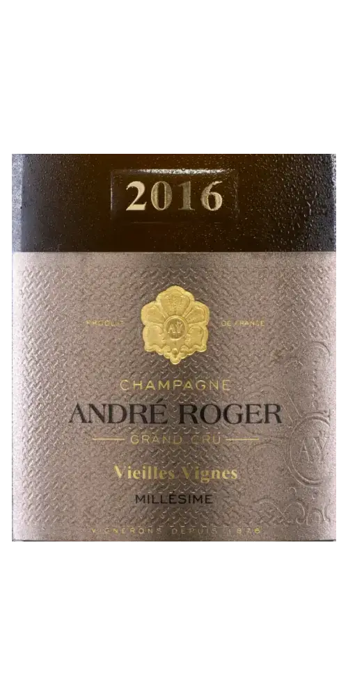 André Roger Champagne Vieilles Vignes Millésime Brut Grand Cru 2016, aromatischer Jahrgangschampagner mit feiner Perlage.