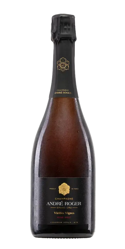 André Roger, rosé Champagner aus Grand Cru, zartes Rosa und fruchtige Aromen von Erdbeeren und Kirschen.