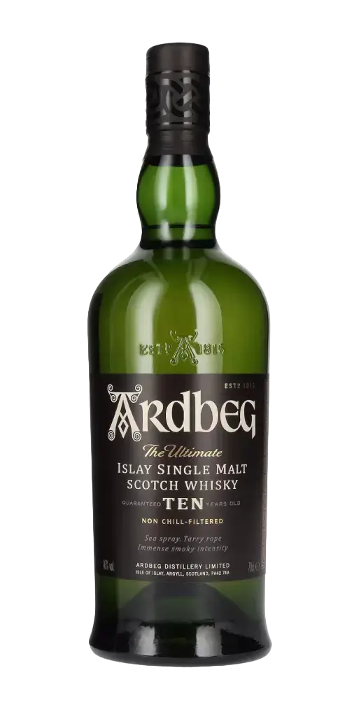 Schottischer Whisky Ardbeg Ten, 10 Jahre, Islay Single Malt, torfig und rauchig, non chill-filtered, 700 ml Flasche.