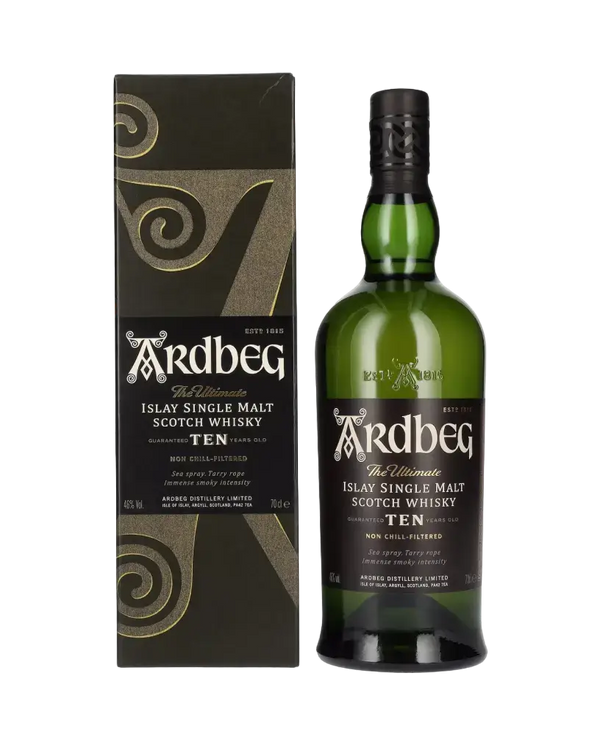 Schottischer Whisky Ardbeg Ten, 10 Jahre Single Malt, Islay, torfig und komplex im Karton.