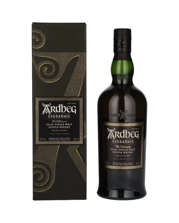 Schottischer Whisky Ardbeg Uigeadail in Geschenkbox, Islay Single Malt mit rauchigen Aromen und fruchtiger Sherry.