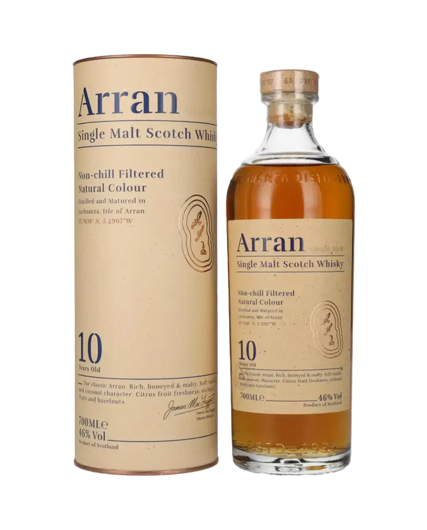 Schottischer Whisky Arran 10 Jahre, Single Malt aus Schottland, Aromen von Zitrus und Vanille, natürliche Farbe.