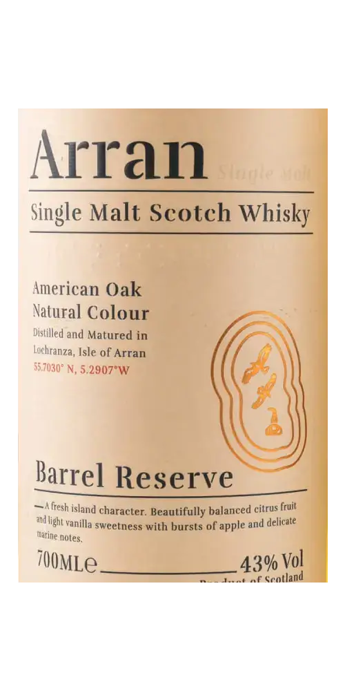 Schottischer Whisky Arran Barrel Reserve in der Flasche, 700ml, 43% Vol. mit fruchtigen Aromen und elegantem Geschmacksprofil.