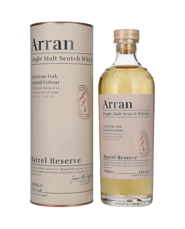 Schottischer Whisky Arran Barrel Reserve in der Verpackung, 43% vol, 700ml, mit Aromen von Äpfeln und Vanille.
