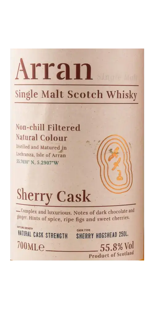Schottischer Whisky Arran Sherry Cask, 700 ml, vollmundig mit reifen Feigen und Gewürzen, Isle of Arran, 55,8 % Vol.