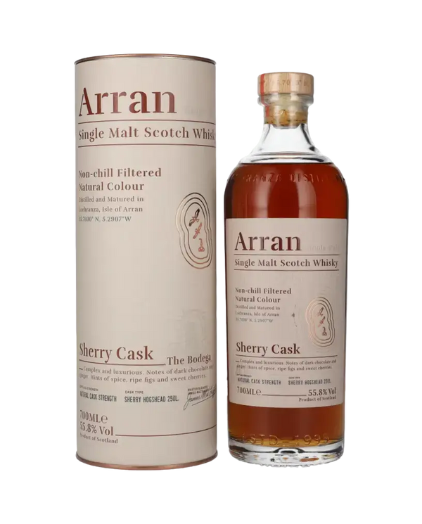 Schottischer Whisky Arran Sherry Cask in der Bodega, 700ml, mit Noten von Feigen und Kirschen, nicht kühlfiltert.