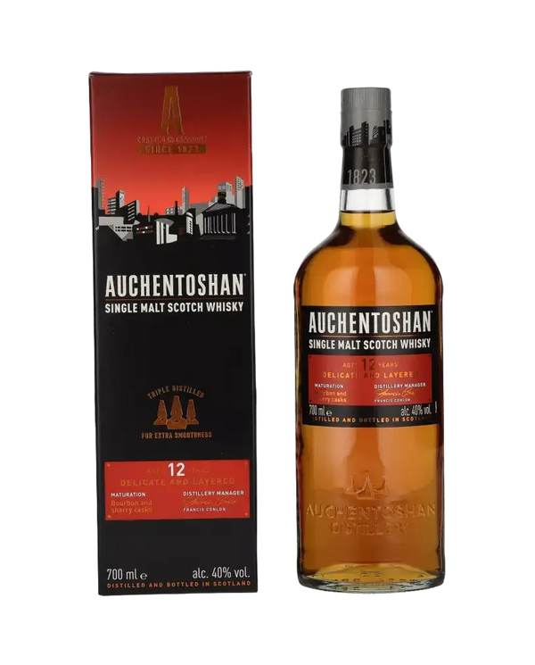 Schottischer Whisky Auchentoshan 12 Jahre, dreifach destilliert, 700ml, mit Aromen von Crème Brulée und Zitrusfrüchten.