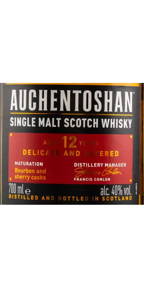 Schottischer Whisky Auchentoshan 12 Jahre, reif in Bourbon und Sherry-Fässern, 700 ml Flasche.