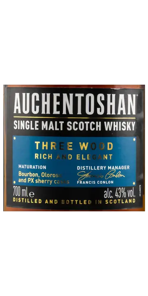 Schottischer Whisky Auchentoshan Three Wood, 700ml, gereift in Bourbon, Oloroso- und PX-Sherry-Fässern, elegant und reichhaltig.