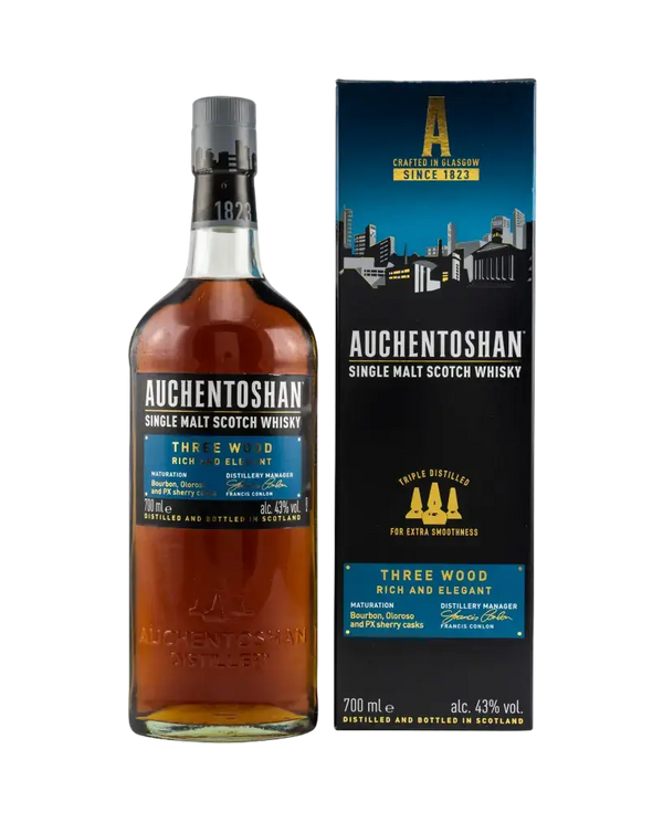 Schottischer Whisky Auchentoshan Three Wood, 700ml Flasche mit Verpackung, reichhaltig und elegant.