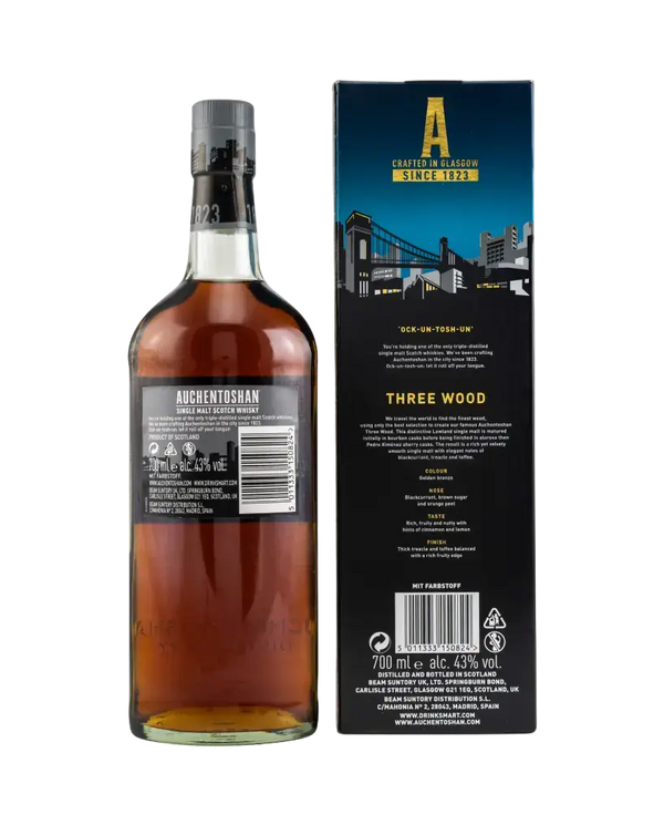 Schottischer Whisky Auchentoshan Three Wood, 700ml Flasche, 43% Vol., Herstellung in Schottland, dreifache Fasslagerung.