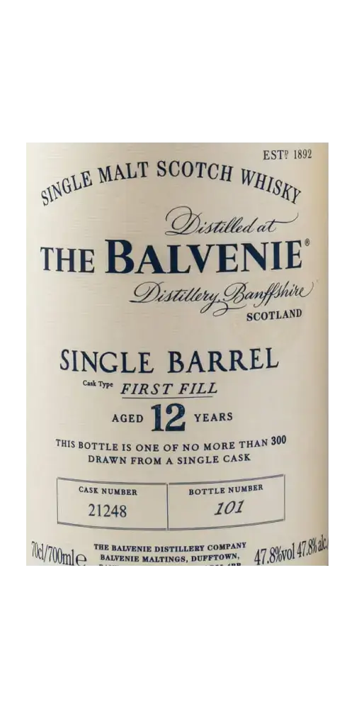 Schottischer Whisky Balvenie Single Barrel 12 Jahre, First Fill, limitierte Auflage, Destillerie in Schottland.