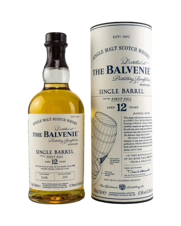 Schottischer Whisky The Balvenie Single Barrel 12 Jahre First Fill Ex-Bourbon-Fass in Tube, limitierte Edition.