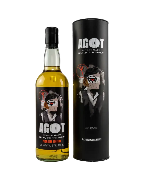 Spanischer Whisky AGOT von Basque Moonshiners, 700 ml, Pioneered Edition, nach 3 Jahren in Ex-Bourbon Fässern gereift.