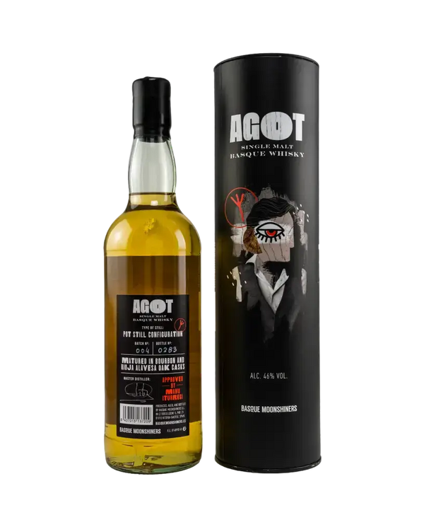 Spanischer Whisky Agot von Basque Moonshiners, Single Malt, 3 Jahre gereift, in origineller Verpackung.