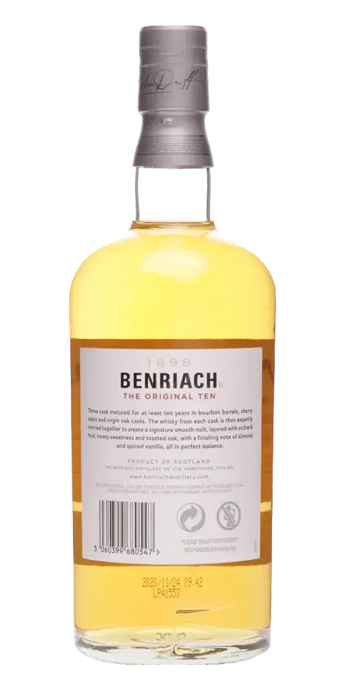 Schottischer Whisky Benriach The Original Ten, 10 Jahre, milder Geschmack mit Aromen von Obstbäumen und Honig.