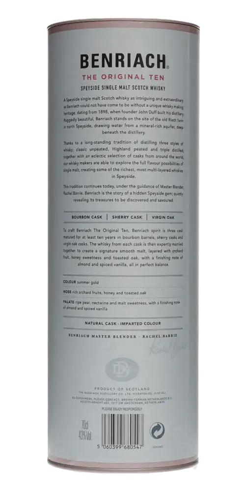 Schottischer Whisky Benriach The Original Ten, 10 Jahre, Speyside, Bourbon- und Sherry-Fässer, elegante Aromen.