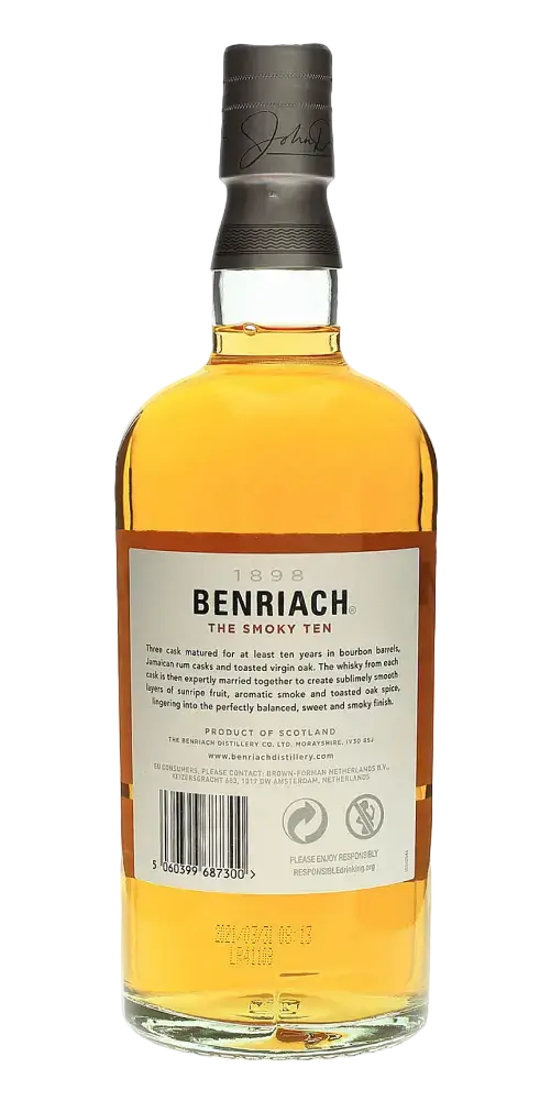 Schottischer Whisky Benriach The Smoky Ten, 10 Jahre, aus schottischem Malz mit rauchigen Aromen, Produkt von Schottland.