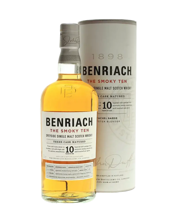 Schottischer Whisky Benriach The Smoky Ten 10 Jahre mit Tube, dreifach gereift, aus Speyside, Charakter von Highland-Torf.