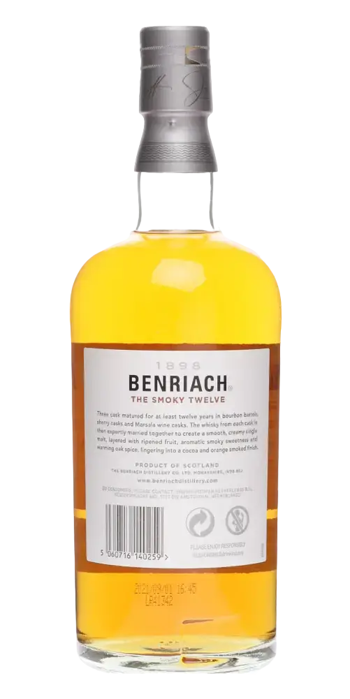 Schottischer Whisky Benriach The Smoky Twelve, 12 Jahre, Single Malt aus Speyside, gelagert in Bourbonfässern.
