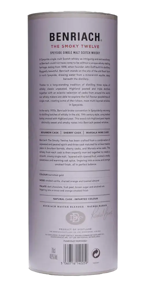 Schottischer Whisky Benriach The Smoky Twelve 12 Jahre Tube mit Informationen zu Fässern und Aromen.