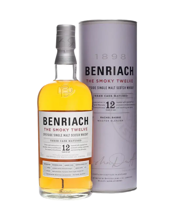 Schottischer Whisky Benriach The Smoky Twelve 12 Jahre, Speyside Single Malt mit Bourbon Fassreifung und rauchigen Aromen.