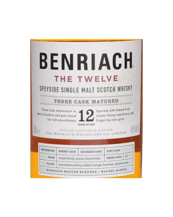 Schottischer Whisky Benriach The Twelve, 12 Jahre, drei Fässer gereift, Speyside, Aromen von Honig und Kakao.