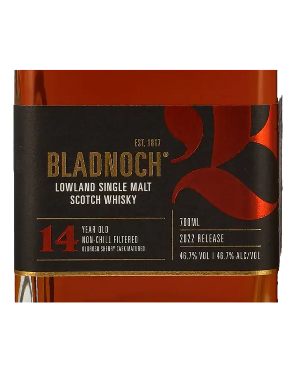 Schottischer Whisky Bladnoch 14 Jahre, Lowland Single Malt, Oloroso Sherry, 700ml, 2022 Release, bronzefarben.