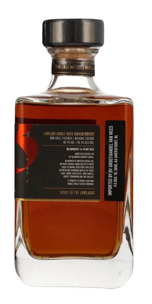 Schottischer Whisky Bladnoch 14 Jahre Sherry Cask in einer eleganten Flasche, bronzefarben mit reichhaltigen Aromen.