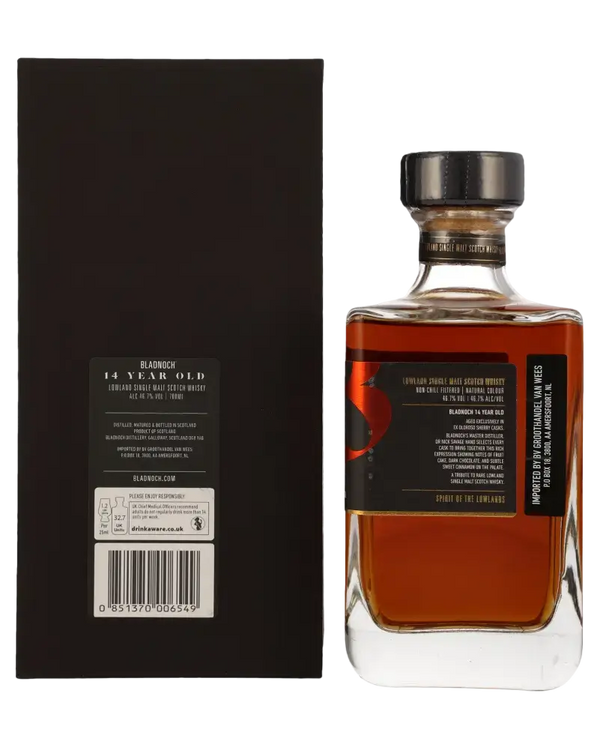 Schottischer Whisky Bladnoch 14 Jahre Sherry Cask in edler Flasche mit schwarzer Verpackung.