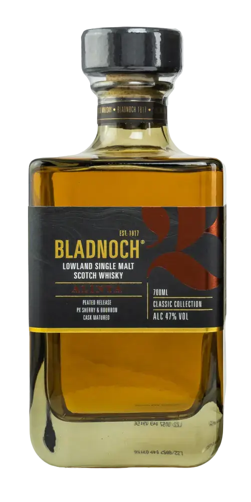 Schottischer Whisky Bladnoch Alinta, Lowland Single Malt, 47% Vol, mit rauchigen und süßlichen Aromen in dekorativer Flasche.