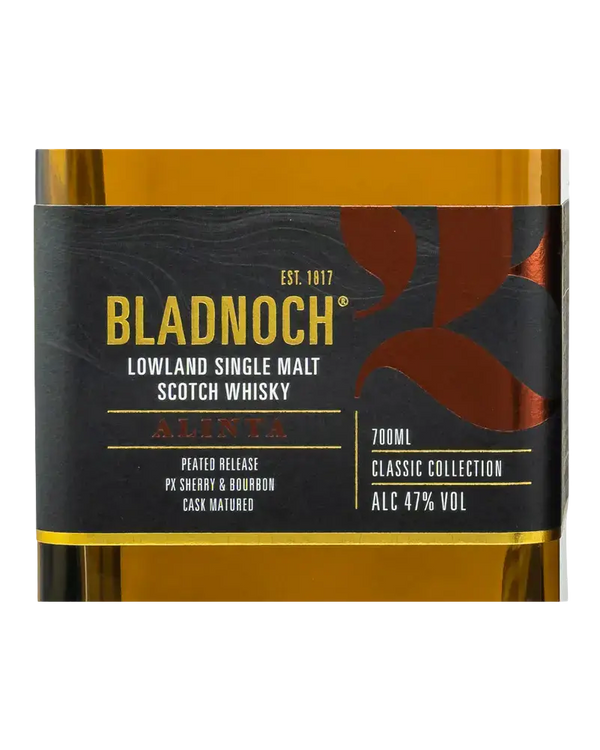 Schottischer Whisky Bladnoch Alinta, Lowland Single Malt, 700ml, Peated Release, ALC 47% vol, PX Sherry und Bourbon Cask. 