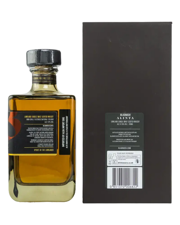 Schottischer Whisky Bladnoch Alinta, peated, Lowlands, 700ml, in edler Verpackung.