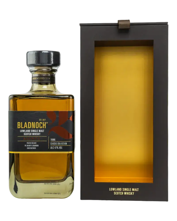 Schottischer Whisky Bladnoch Alinta Peated in Box, Lowland Single Malt, 46% vol mit rauchigen Aromen und floralen Noten.