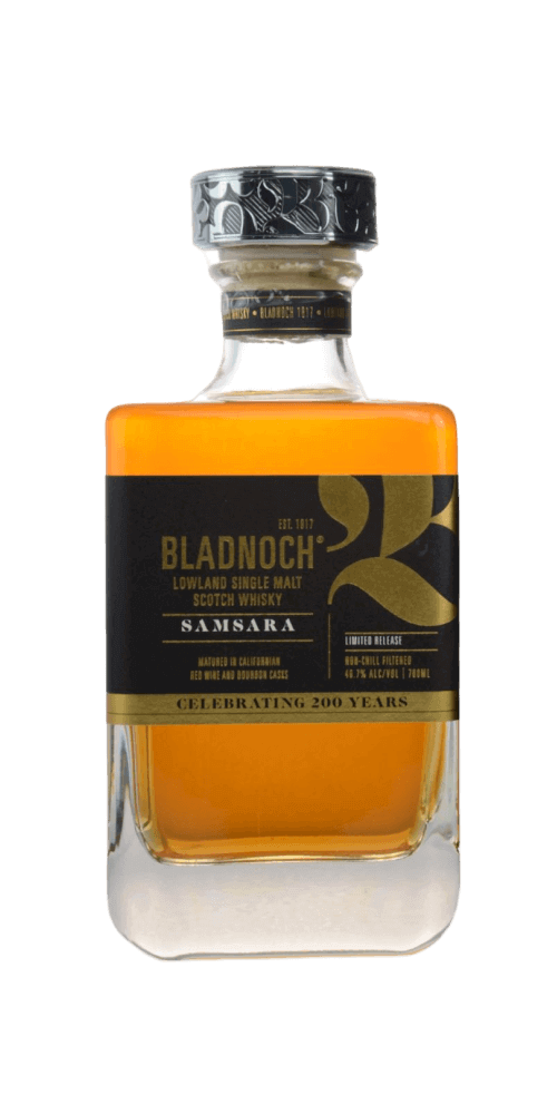 Schottischer Whisky Bladnoch Samsara aus den Lowlands, vollmundig, gereift in Ex-Bourbon- und Rotweinfässern.