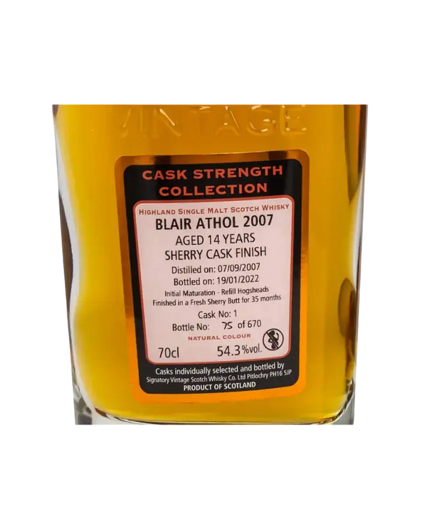 Schottischer Whisky Blair Athol 2007, 14 Jahre, Sherry Cask Finish, 70cl, 54.3% vol, limitierte Abfüllung von Signatory Vintage.
