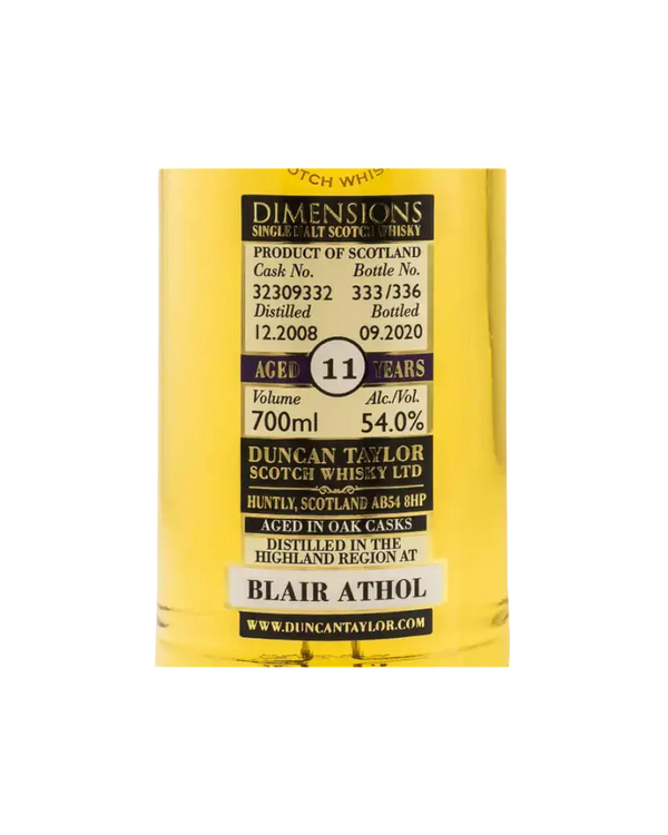 Schottischer Whisky Blair Athol 2008/2020, 11 Jahre, 54% vol, von Duncan Taylor, in Eichenfässern gereift.