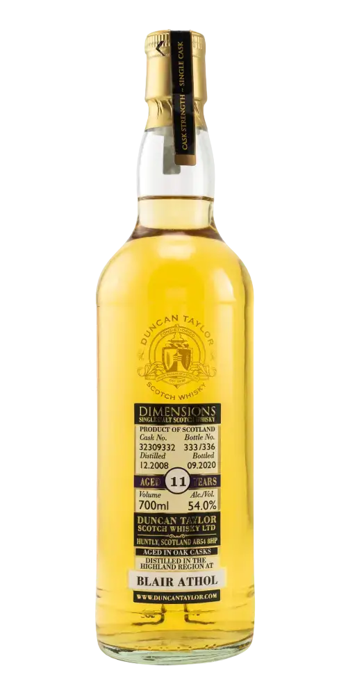 Schottischer Whisky Blair Athol 2008/2020, 11 Jahre, 700ml von Duncan Taylor, Eichenfasslagerung, Fassnummer 32309332.