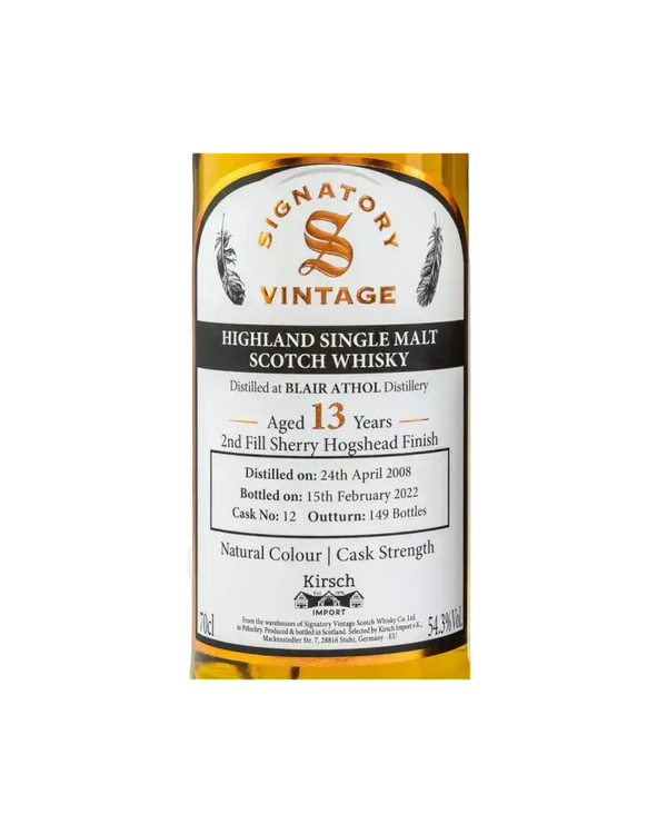 Schottischer Whisky Blair Athol 2008, 13 Jahre, 2nd Fill Sherry, Signatory Vintage, Cask No. 12