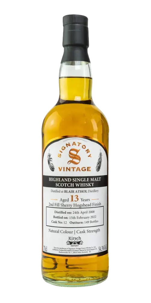 Schottischer Whisky Blair Athol 2008/2022, 13 Jahre, Signatory Vintage, Highland Single Malt, Abfüllung Cask Strength.