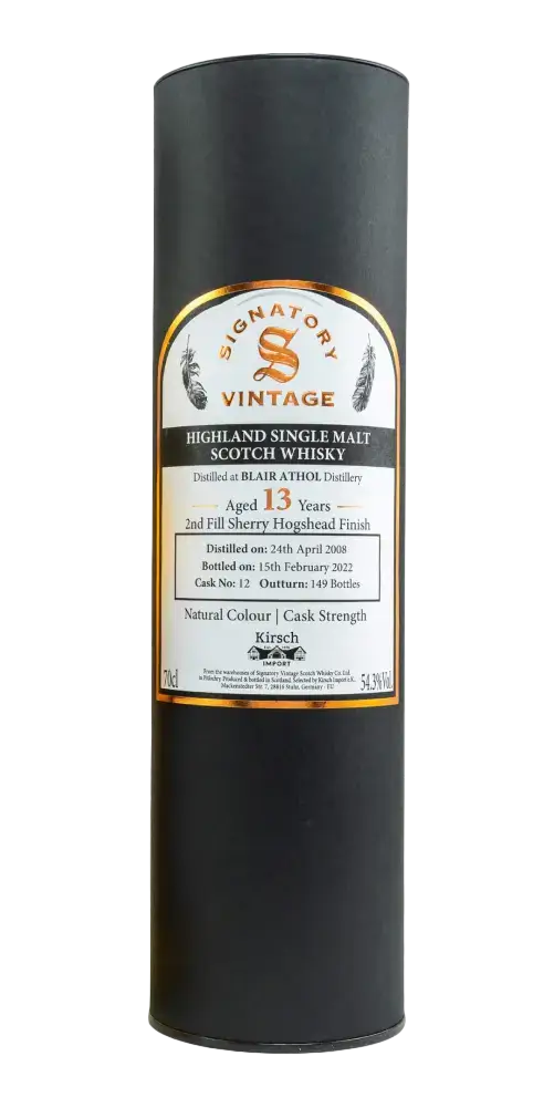Schottischer Whisky Blair Athol 2008/2022, 13 Jahre, Single Malt, Sherryfass, Signatory Vintage, Tube mit natürlicher Farbe.