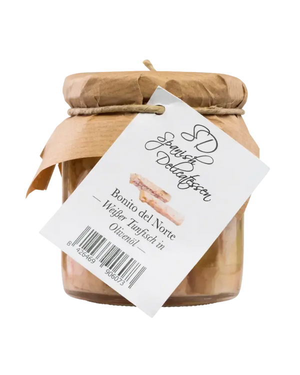 Bonito del Norte Feinkost – Weißer Thunfisch in Olivenöl im Glas von TIME 2 TASTE mit etikettierter Verpackung.