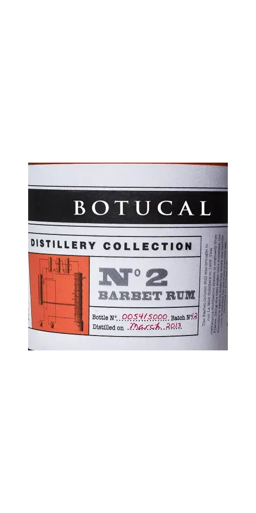 Botucal N° 2 Barbet Rum, Distillery Collection, Flasche mit Etikett und Detailinformationen.