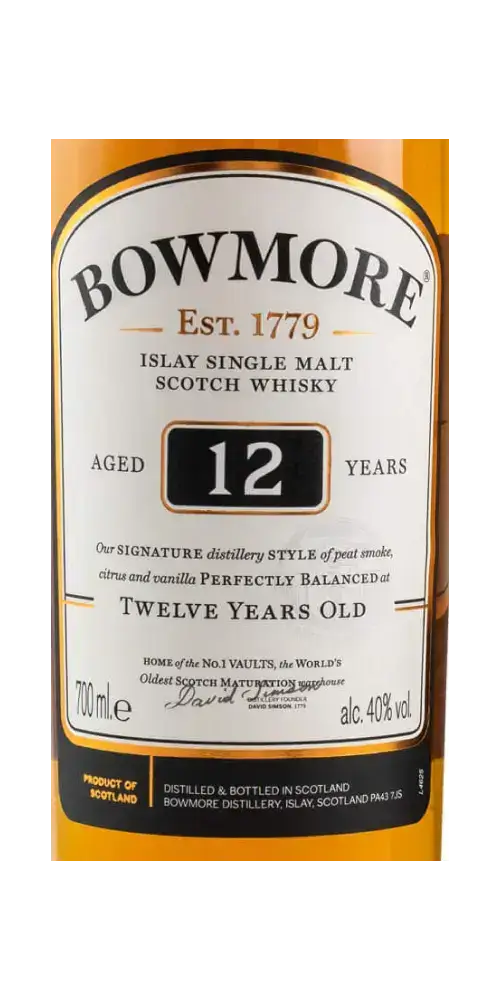 Schottischer Whisky Bowmore 12 Jahre, Islay Single Malt, komplex und ausgewogen, 700 ml Flasche.