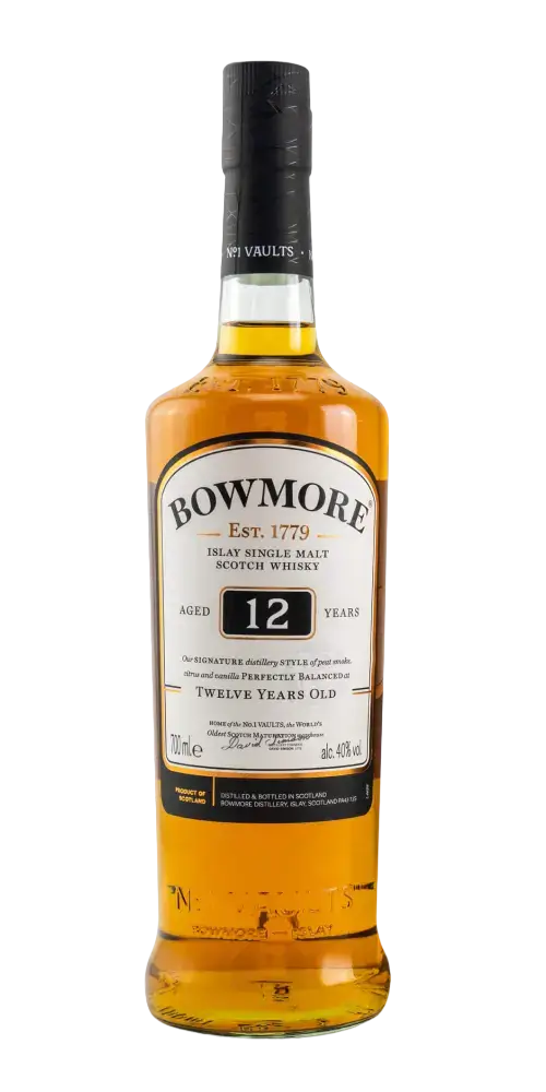 Schottischer Whisky Bowmore 12 Jahre, Islay Single Malt, komplex und ausgewogen mit torfigem Rauch und Honigaroma.